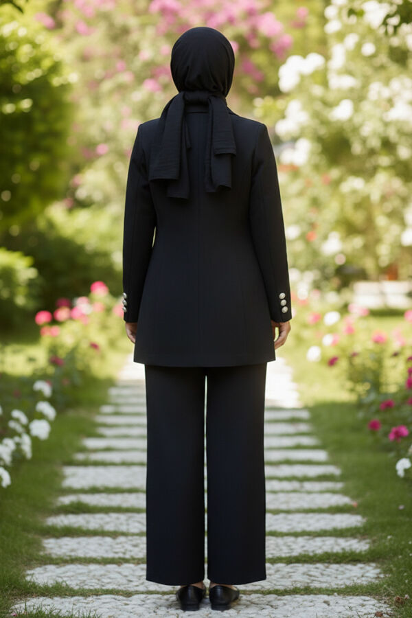Düğme Detay Blazer Ceket Bol Pantolon Takım 8302 Siyah - 3