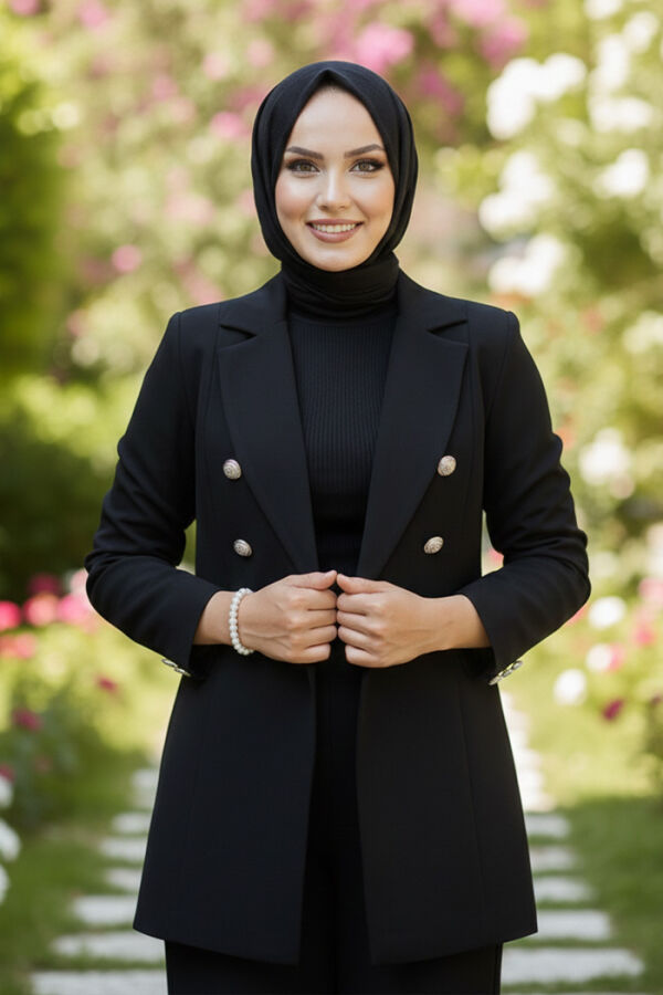 Düğme Detay Blazer Ceket Bol Pantolon Takım 8302 Siyah - 4