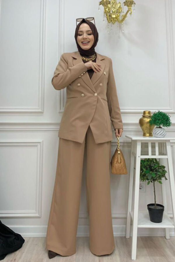 Düğme Detay Blazer Ceket Bol Pantolon Takım 8302 Vizon - 5