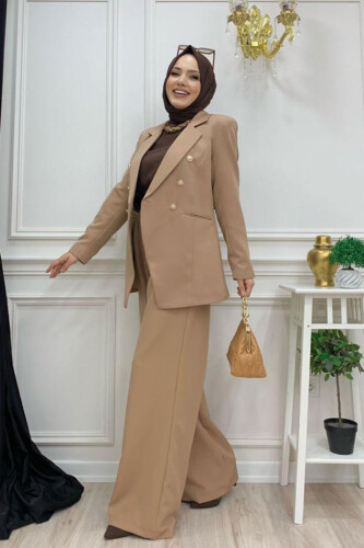 Düğme Detay Blazer Ceket Bol Pantolon Takım 8302 Vizon - 6