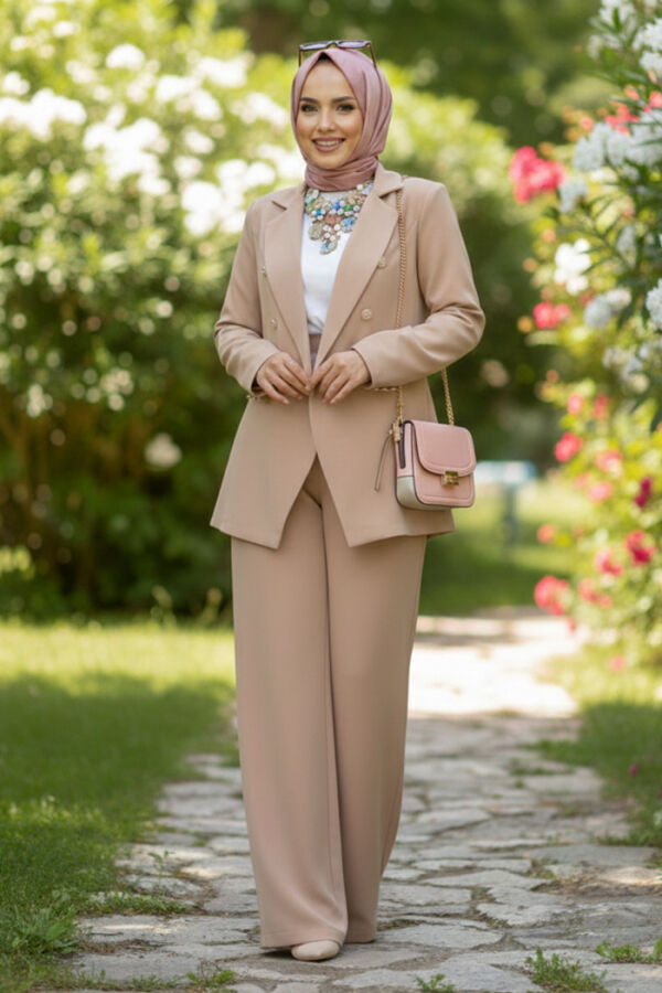 Düğme Detay Blazer Ceket Bol Pantolon Takım 8302 Vizon - 1