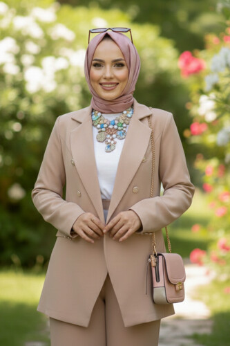 Düğme Detay Blazer Ceket Bol Pantolon Takım 8302 Vizon - 3