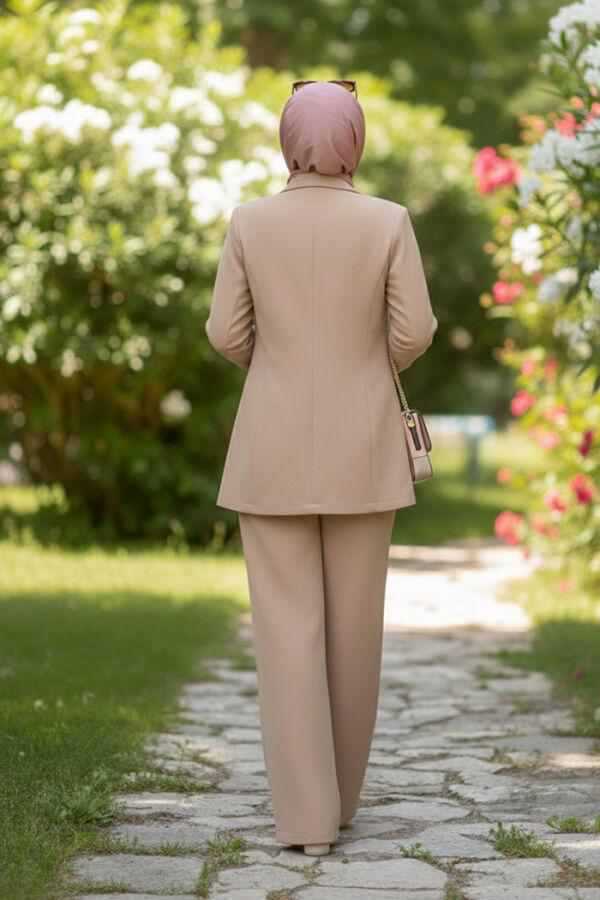 Düğme Detay Blazer Ceket Bol Pantolon Takım 8302 Vizon - 4