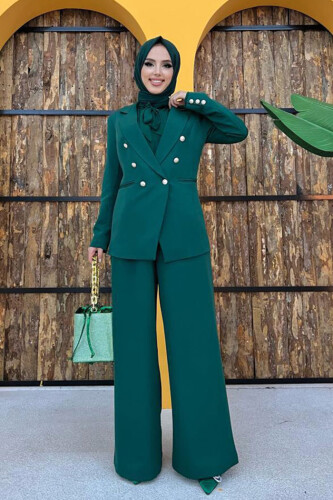 Düğme Detay Blazer Ceket Bol Pantolon Takım 8302 Zümrüt - 5