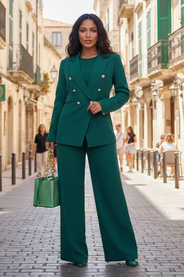 Düğme Detay Blazer Ceket Bol Pantolon Takım 8302 Zümrüt - 1