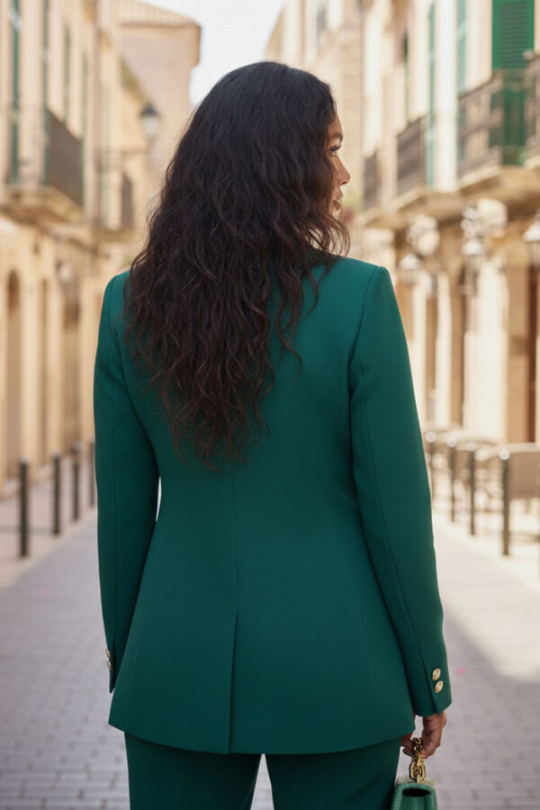 Düğme Detay Blazer Ceket Bol Pantolon Takım 8302 Zümrüt - 3