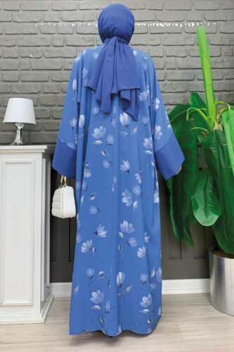 Desenli Abaya Düz Cep Detay Kuşaklı Sıfır Kol Tulum Takım 8312 İndigo - 7