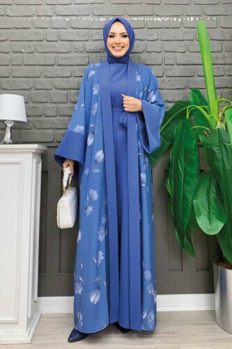 Desenli Abaya Düz Cep Detay Kuşaklı Sıfır Kol Tulum Takım 8312 İndigo - Bym Fashion
