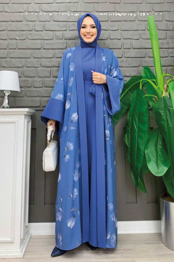Desenli Abaya Düz Cep Detay Kuşaklı Sıfır Kol Tulum Takım 8312 İndigo - 5
