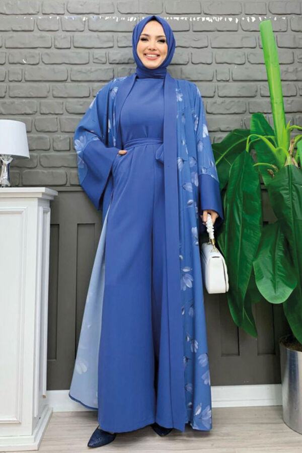 Desenli Abaya Düz Cep Detay Kuşaklı Sıfır Kol Tulum Takım 8312 İndigo - 6