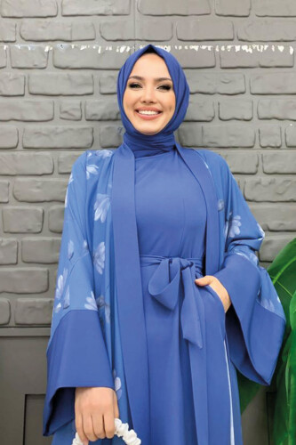 Desenli Abaya Düz Cep Detay Kuşaklı Sıfır Kol Tulum Takım 8312 İndigo - 8