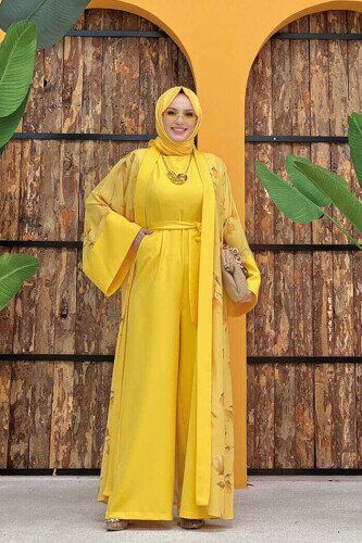 Desenli Abaya Düz Cep Detay Kuşaklı Sıfır Kol Tulum Takım 8312 Sarı - Bym Fashion