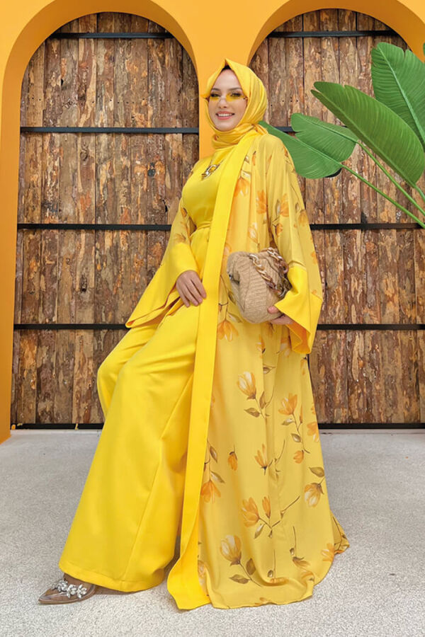 Desenli Abaya Düz Cep Detay Kuşaklı Sıfır Kol Tulum Takım 8312 Sarı - 8