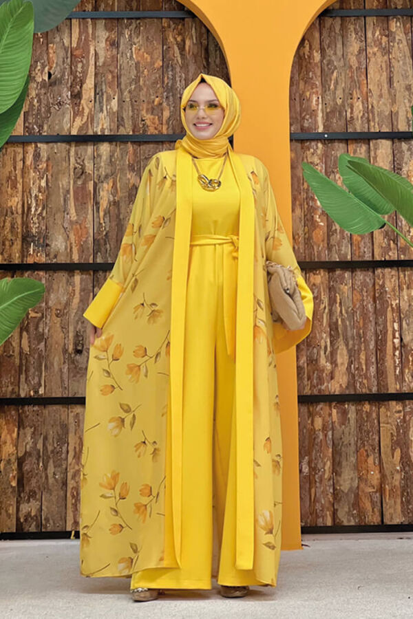 Desenli Abaya Düz Cep Detay Kuşaklı Sıfır Kol Tulum Takım 8312 Sarı - 6