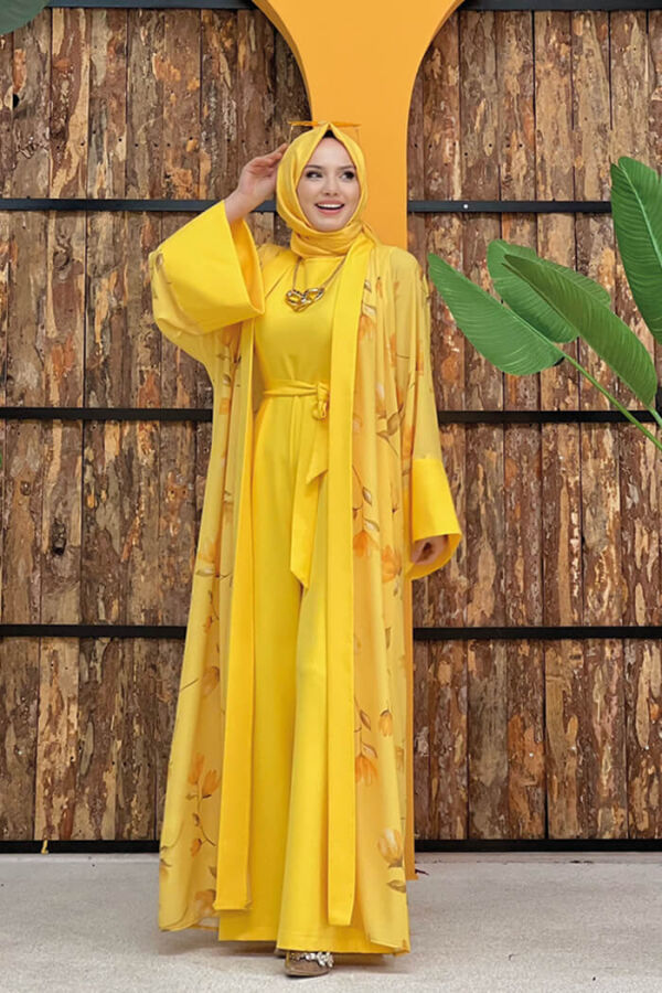 Desenli Abaya Düz Cep Detay Kuşaklı Sıfır Kol Tulum Takım 8312 Sarı - 7