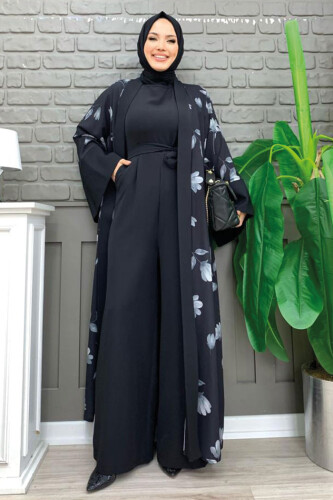 Desenli Abaya Düz Cep Detay Kuşaklı Sıfır Kol Tulum Takım 8312 Siyah - 6