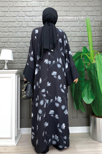 Desenli Abaya Düz Cep Detay Kuşaklı Sıfır Kol Tulum Takım 8312 Siyah - 7