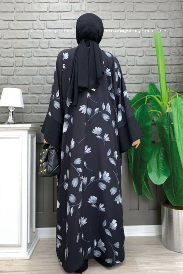 Desenli Abaya Düz Cep Detay Kuşaklı Sıfır Kol Tulum Takım 8312 Siyah - 7