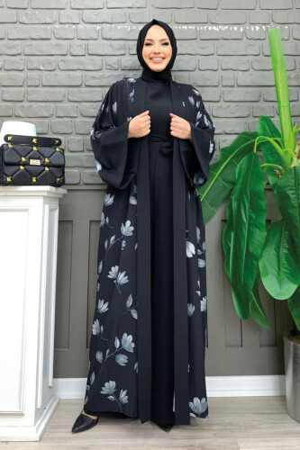 Desenli Abaya Düz Cep Detay Kuşaklı Sıfır Kol Tulum Takım 8312 Siyah - 5