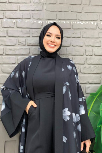Desenli Abaya Düz Cep Detay Kuşaklı Sıfır Kol Tulum Takım 8312 Siyah - 8