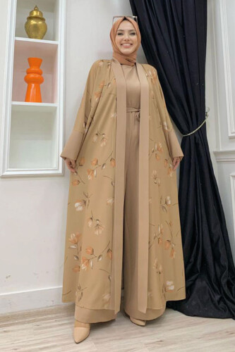 Desenli Abaya Düz Cep Detay Kuşaklı Sıfır Kol Tulum Takım 8312 Taba - 5