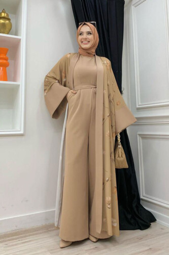 Desenli Abaya Düz Cep Detay Kuşaklı Sıfır Kol Tulum Takım 8312 Taba - 6