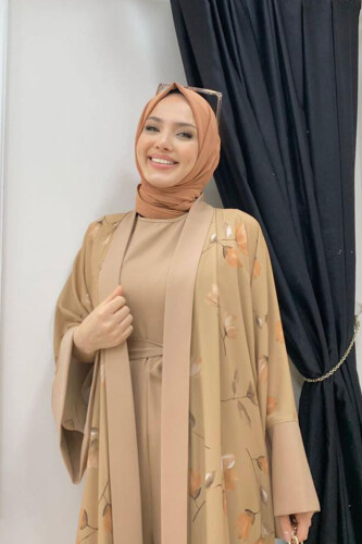 Desenli Abaya Düz Cep Detay Kuşaklı Sıfır Kol Tulum Takım 8312 Taba - 8