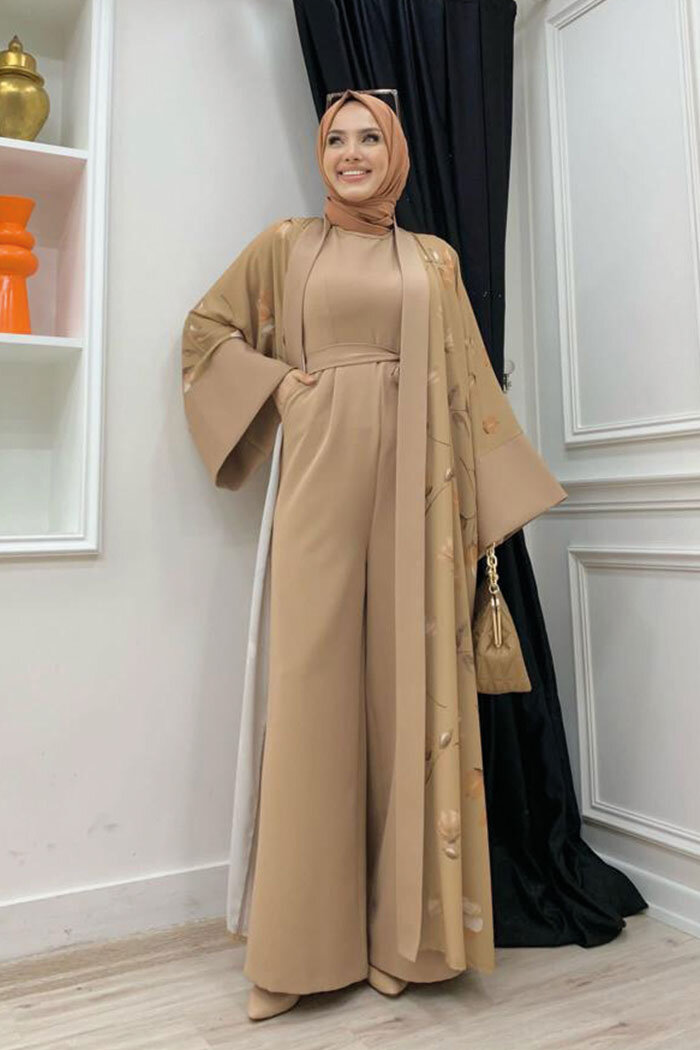 Desenli Abaya Düz Cep Detay Kuşaklı Sıfır Kol Tulum Takım 8312 Taba - 6