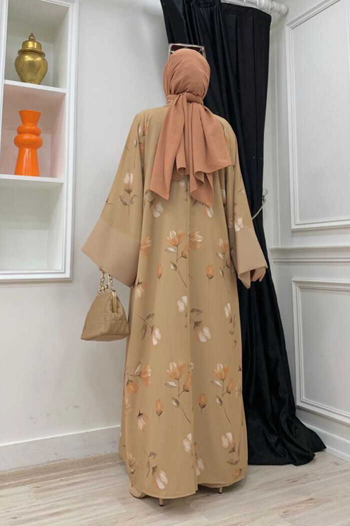 Desenli Abaya Düz Cep Detay Kuşaklı Sıfır Kol Tulum Takım 8312 Taba - 7