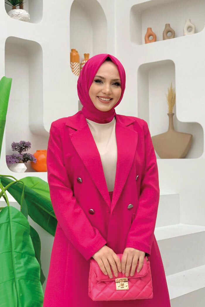 Düğme Detaylı Kısa Ceket Pantolon Takım 8352 Fuşya - 8
