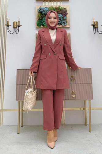 Düğme Detaylı Kısa Ceket Pantolon Takım 8352 Gül Kurusu - 5