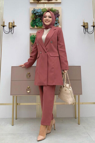 Düğme Detaylı Kısa Ceket Pantolon Takım 8352 Gül Kurusu - 6