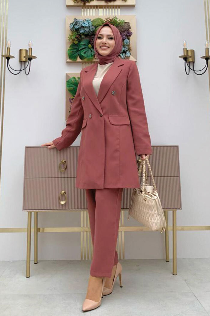 Düğme Detaylı Kısa Ceket Pantolon Takım 8352 Gül Kurusu - 6