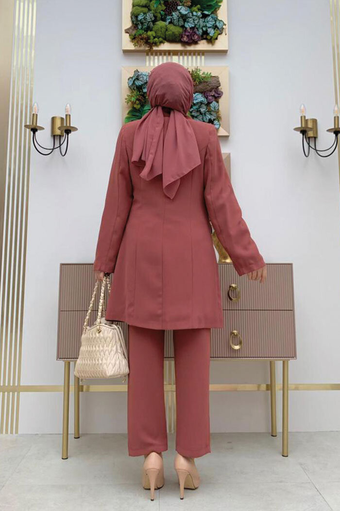 Düğme Detaylı Kısa Ceket Pantolon Takım 8352 Gül Kurusu - 7