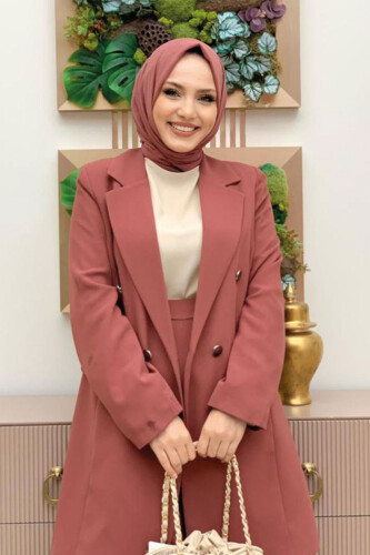 Düğme Detaylı Kısa Ceket Pantolon Takım 8352 Gül Kurusu - 8