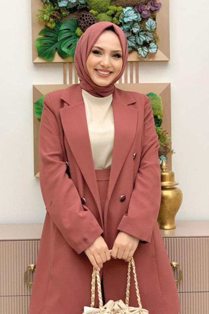 Düğme Detaylı Kısa Ceket Pantolon Takım 8352 Gül Kurusu - 8