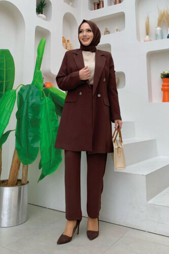 Düğme Detaylı Kısa Ceket Pantolon Takım 8352 Kahverengi - 5