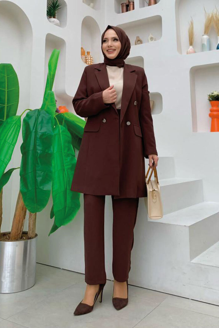 Düğme Detaylı Kısa Ceket Pantolon Takım 8352 Kahverengi - 5