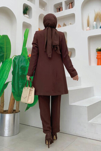 Düğme Detaylı Kısa Ceket Pantolon Takım 8352 Kahverengi - 7