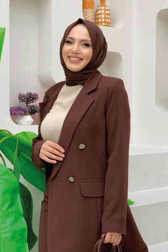Düğme Detaylı Kısa Ceket Pantolon Takım 8352 Kahverengi - 8