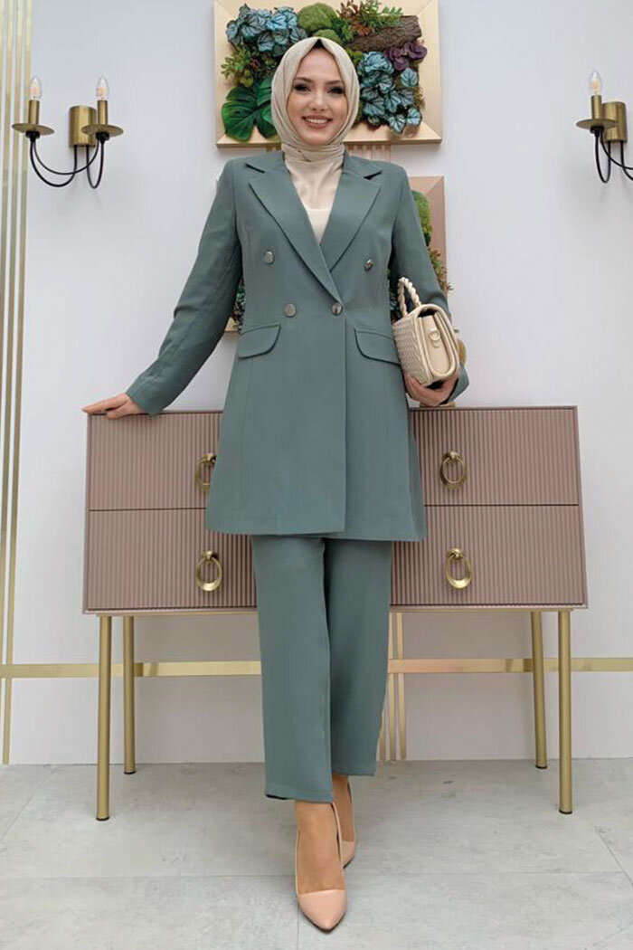 Düğme Detaylı Kısa Ceket Pantolon Takım 8352 Mint - 5