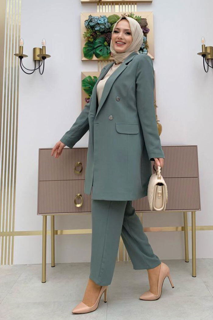 Düğme Detaylı Kısa Ceket Pantolon Takım 8352 Mint - 6