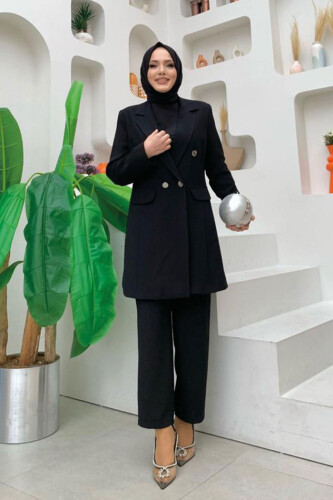 Düğme Detaylı Kısa Ceket Pantolon Takım 8352 Siyah - 5