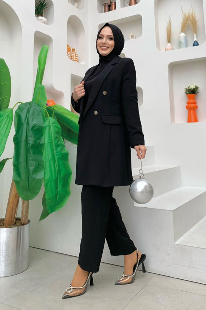 Düğme Detaylı Kısa Ceket Pantolon Takım 8352 Siyah - 6