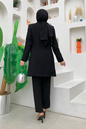 Düğme Detaylı Kısa Ceket Pantolon Takım 8352 Siyah - 7