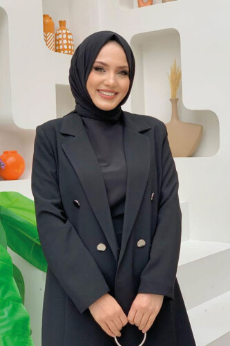 Düğme Detaylı Kısa Ceket Pantolon Takım 8352 Siyah - 8