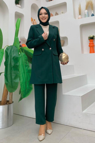Düğme Detaylı Kısa Ceket Pantolon Takım 8352 Zümrüt - 5