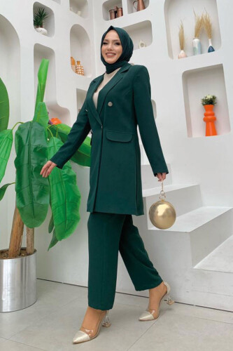 Düğme Detaylı Kısa Ceket Pantolon Takım 8352 Zümrüt - 6
