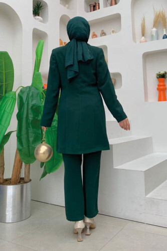 Düğme Detaylı Kısa Ceket Pantolon Takım 8352 Zümrüt - 7