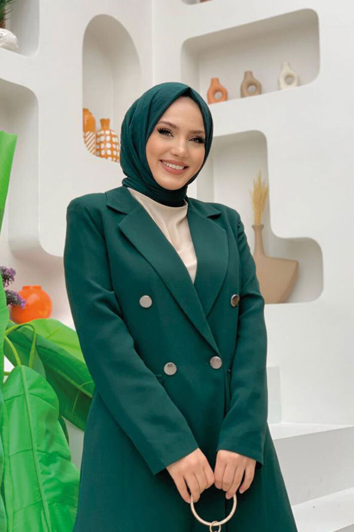 Düğme Detaylı Kısa Ceket Pantolon Takım 8352 Zümrüt - 8